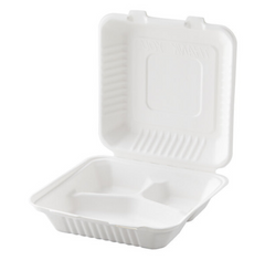 9" x 9" x 2" Sugarcane ClamShell 3 Compartment Container - White (200 per case)